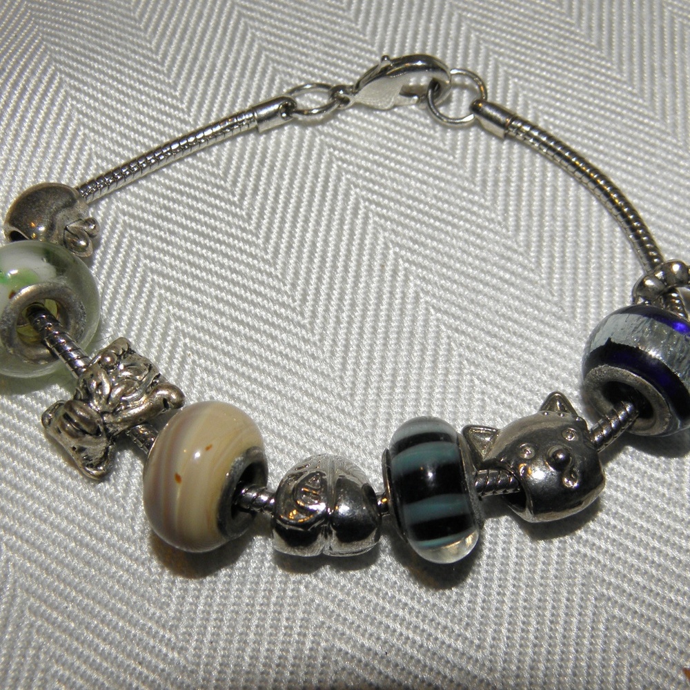 SNAKE BRACELET WITH NINE(9) CHARMS~TEDDY BEAR, CAT